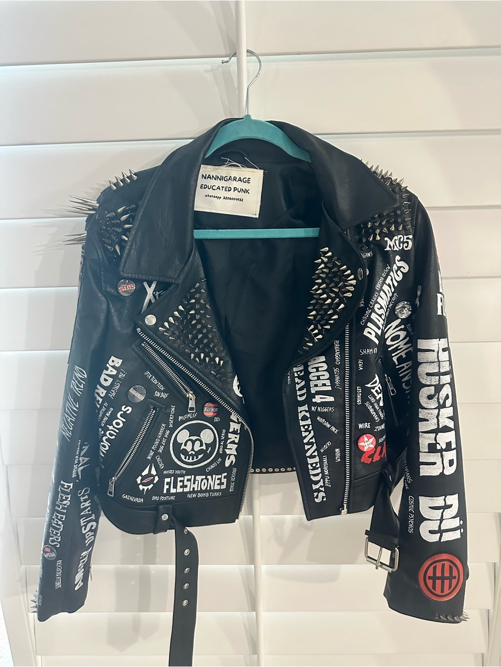 Unique custom made punk/rock Studded Black Graphic Leather Biker Jacket